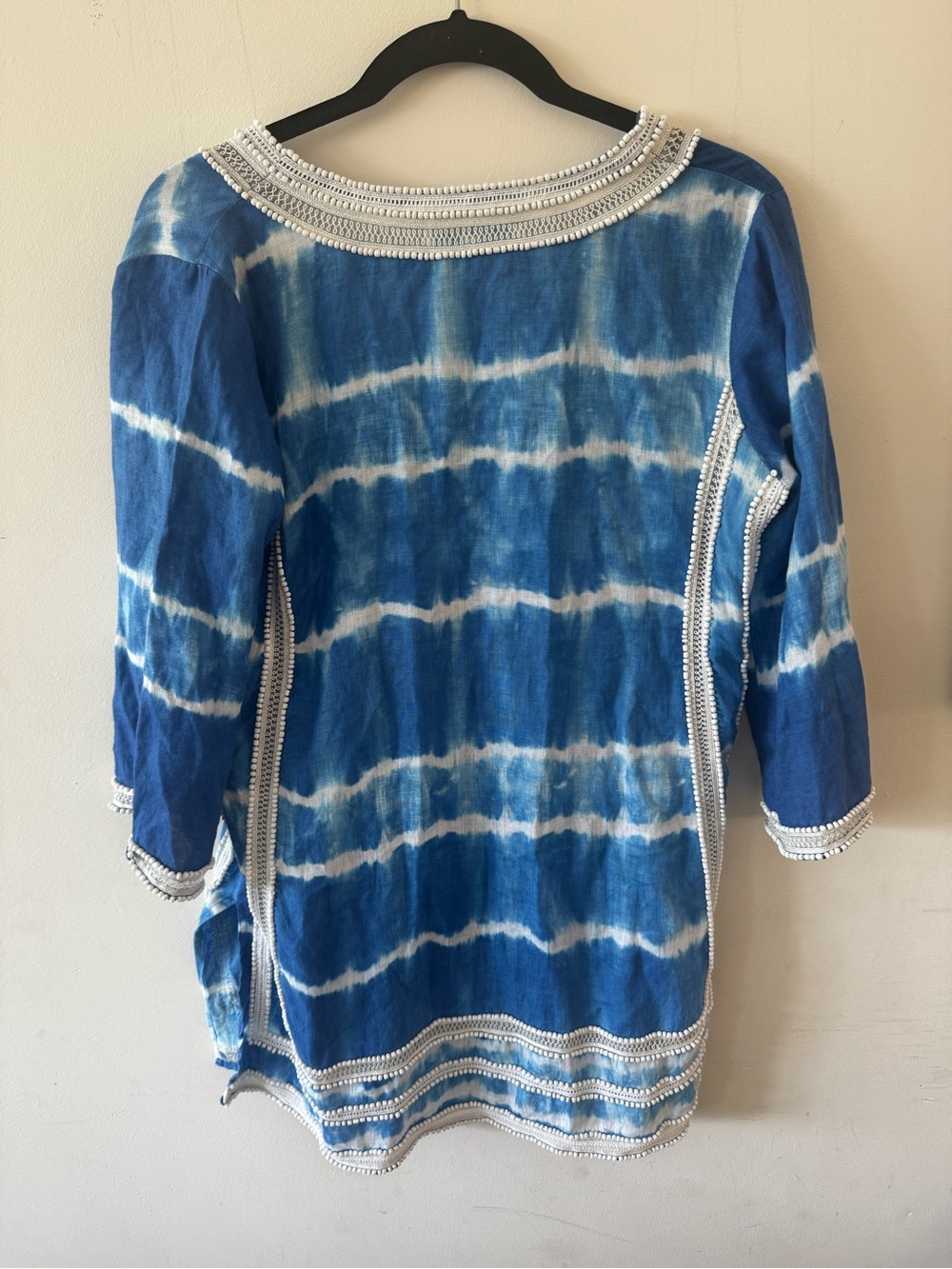 Tashia Shibori Blue & White Tie-Dye Embroidered + Beaded Linen Tunic, Medium - Picture 2 of 10